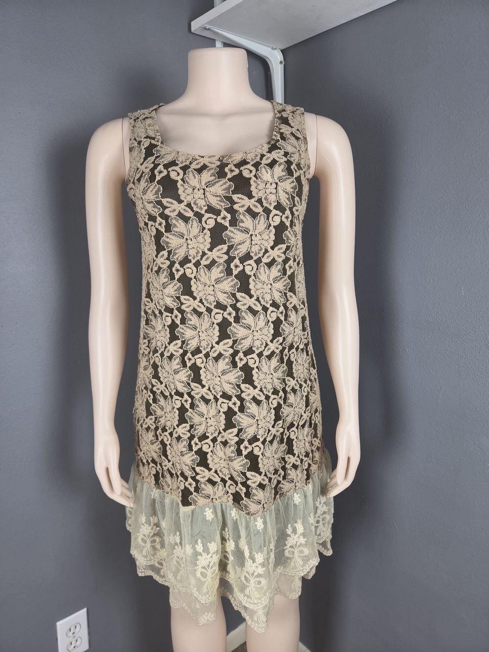 Beige Lace Overlay Midi Dress with Scalloped Hem